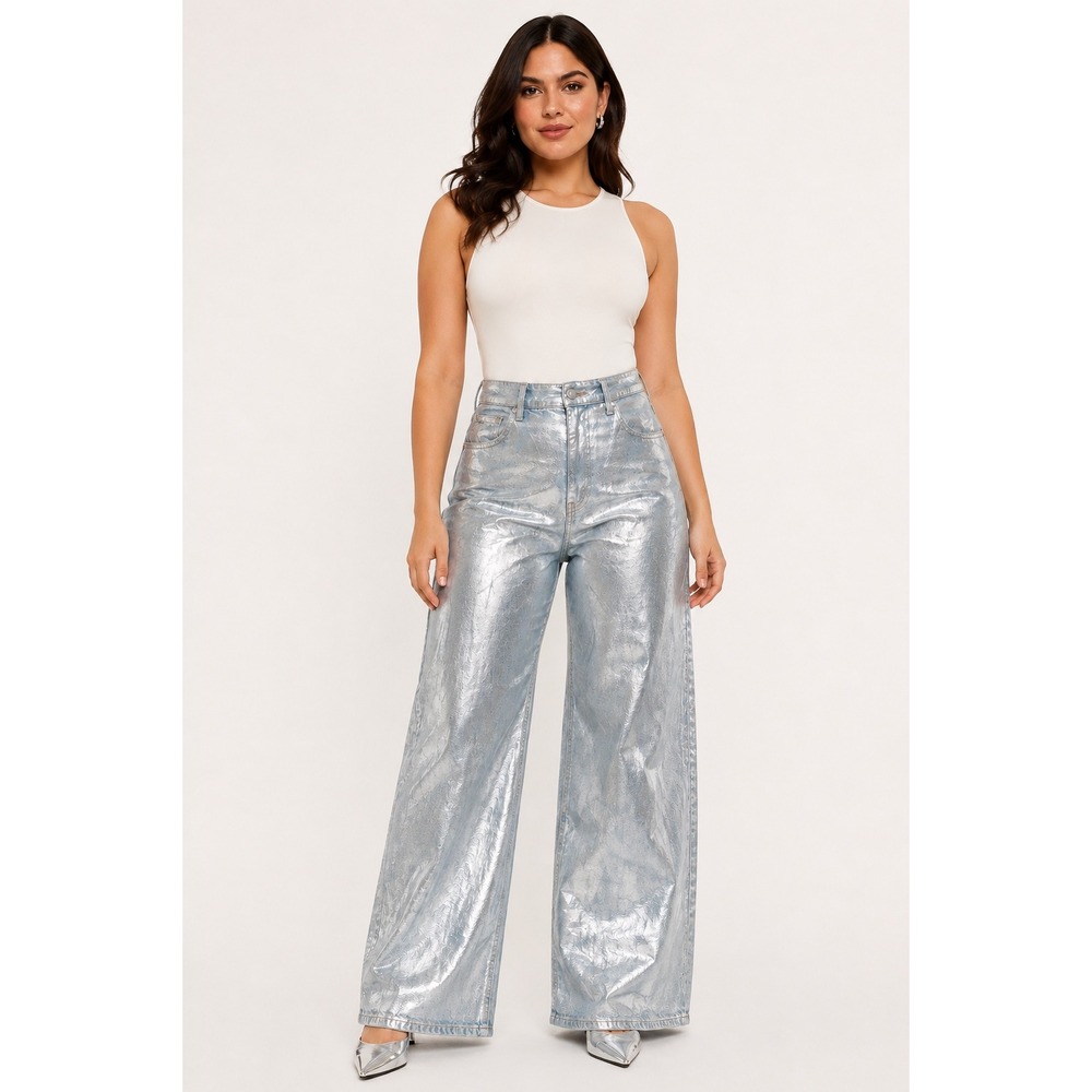 American Eagle Metallic Jeans Womens 10 Silver Super High Rise Baggy Wide Leg